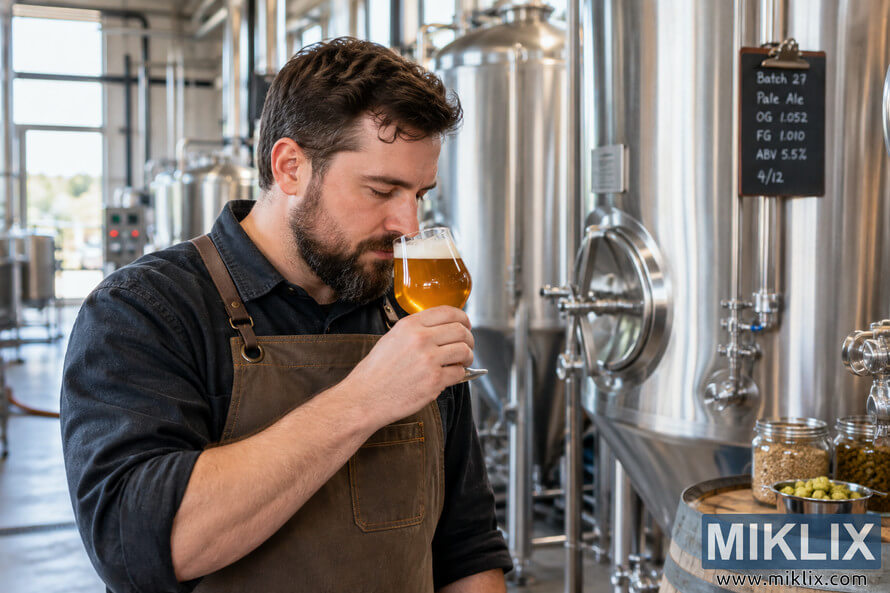 Brewer in a brown work apron smelling a glass of golden beer while evaluating its aroma among stainless-steel fermentation tanks, brewing equipment, grain, and hops inside a modern brewery. Brewer in a brown work apron smelling a glass of golden beer while evaluating its aroma among stainless-steel fermentation tanks, brewing equipment, grain, and hops inside a modern brewery.