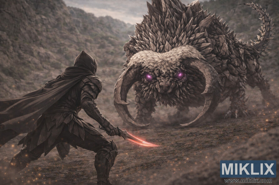 Anime-style scene of a Tarnished in Black Knife armor crouched in a combat-ready stance on the left, facing a towering Fallingstar Beast in a rocky Hinterland. Anime-style scene of a Tarnished in Black Knife armor crouched in a combat-ready stance on the left, facing a towering Fallingstar Beast in a rocky Hinterland.