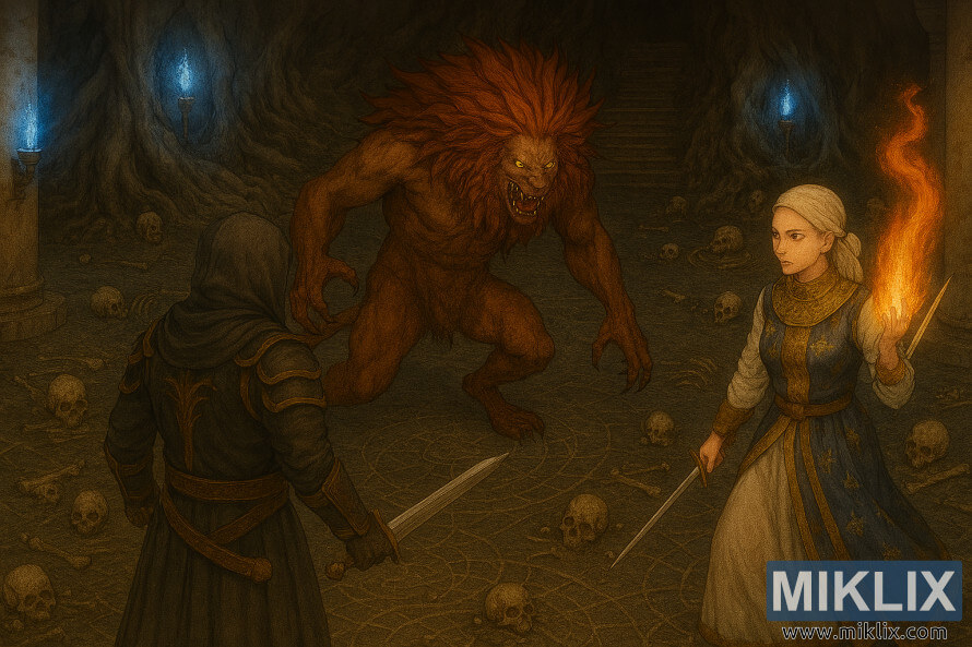 Arte de fan semi-realista de Elden Ring que muestra la armadura del Cuchillo Deslucido en Negro enfrentÃ¡ndose a la Perfumista Tricia y al Guerrero IlegÃ­timo en una mazmorra en ruinas.