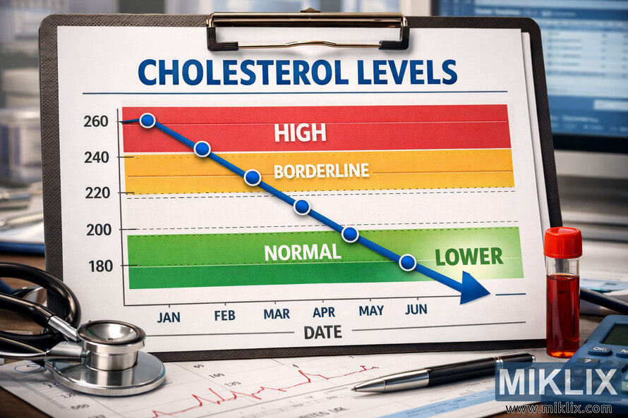 A medical chart showing cholesterol levels decreasing over time, with color-coded zones labeled High, Borderline, and Normal, and a downward-sloping blue line graph indicating improvement.