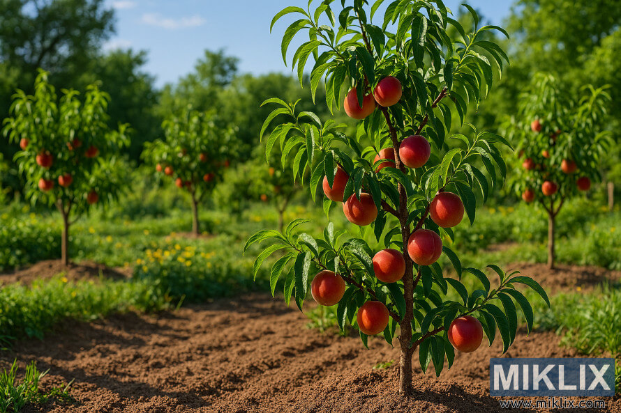 A sunny garden with young nectarine trees growing in well-drained soil