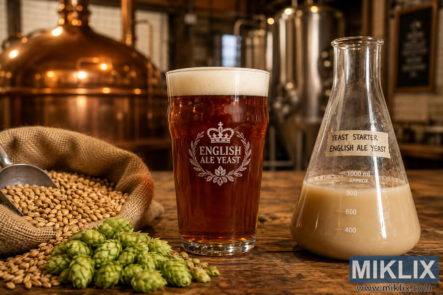 Close-up of a glass of amber ale with a frothy head beside a yeast starter flask, hops, and malt grains on a rustic wooden table in a warm brewery setting.