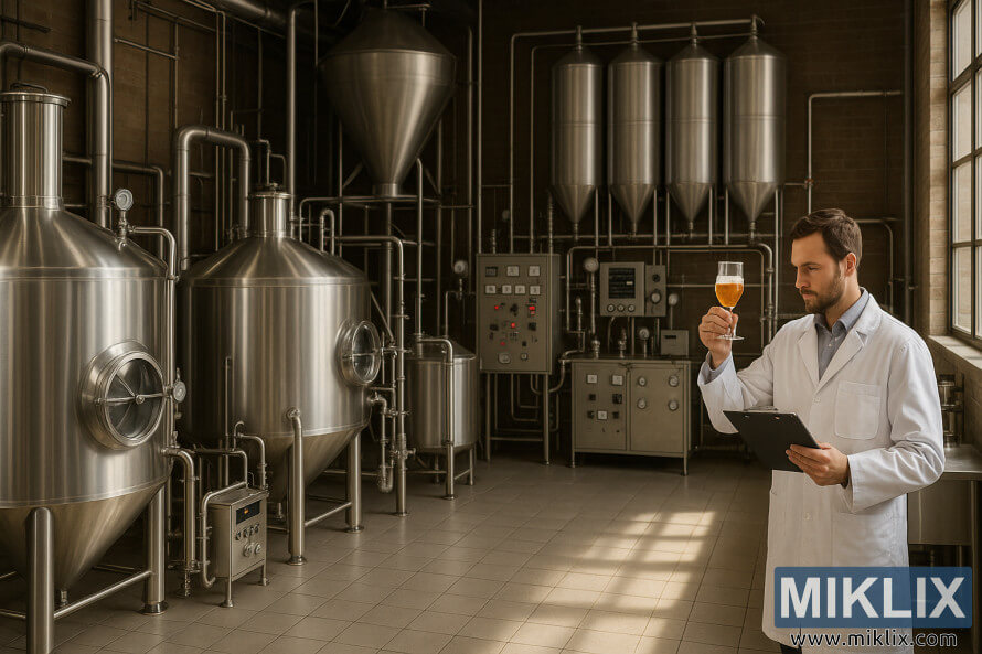 Kommersiellt bryggeri med rostfria ståltankar, mäsktunnor, kittels och bryggmästare som undersöker prover. Kommersiellt bryggeri med rostfria ståltankar, mäsktunnor, kittels och bryggmästare som undersöker prover.