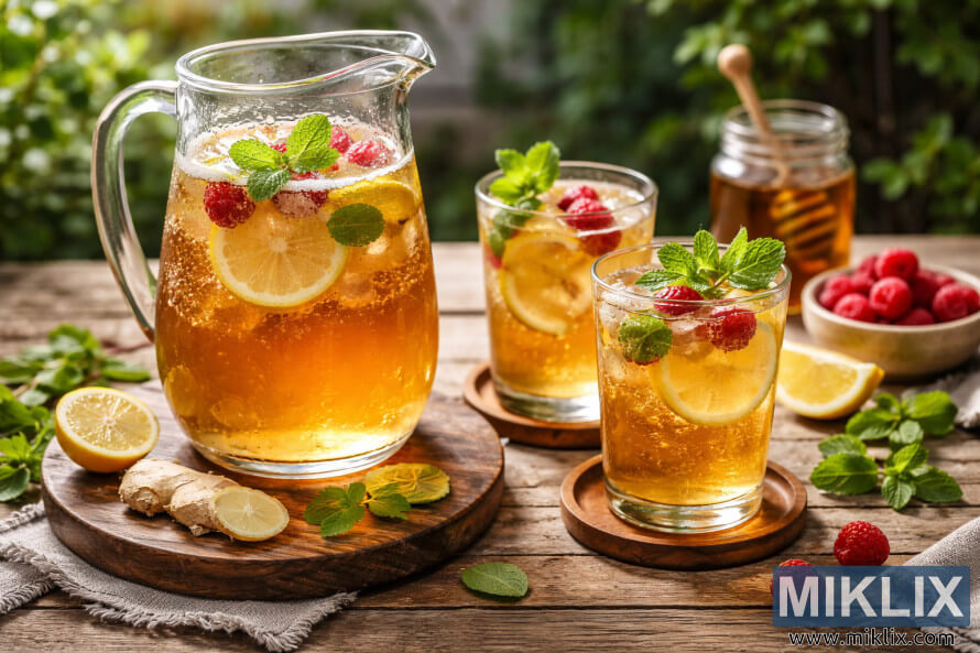 Gerra de vidre i dos gots de kombucha daurada amb llimona, menta i gerds sobre una taula rústica de fusta amb llum natural suau. Gerra de vidre i dos gots de kombucha daurada amb llimona, menta i gerds sobre una taula rústica de fusta amb llum natural suau.