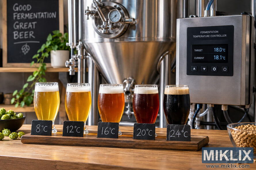 Five beer samples labeled 8Â°C to 24Â°C sit before a stainless fermenter and digital fermentation temperature controller.
