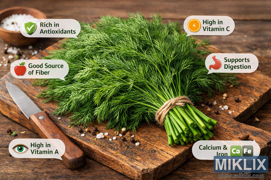 A fresh bunch of dill with vibrant green leaves tied with twine on a rustic wooden cutting board, surrounded by salt, peppercorns, and a knife, with nutritional benefit icons overlayed. A fresh bunch of dill with vibrant green leaves tied with twine on a rustic wooden cutting board, surrounded by salt, peppercorns, and a knife, with nutritional benefit icons overlayed.