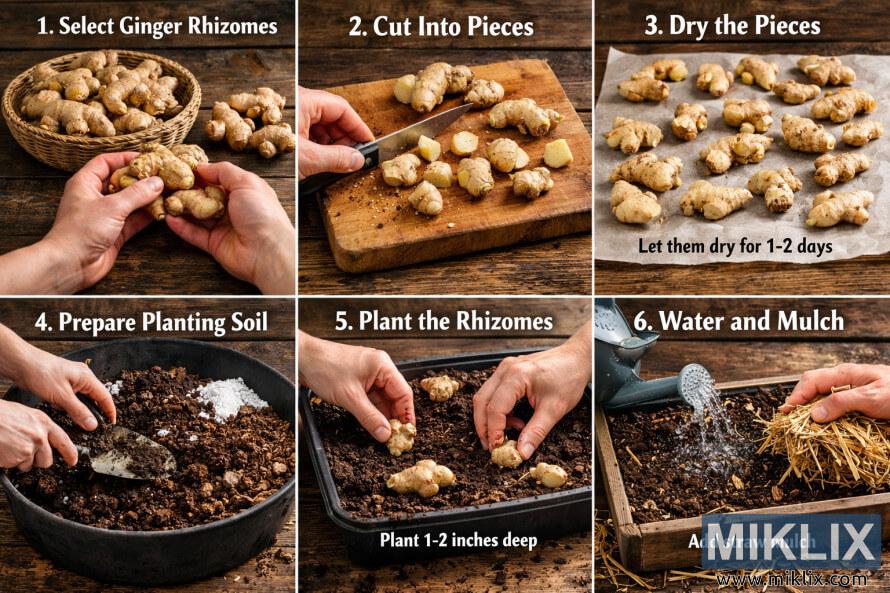 Een fotografische handleiding in zes panelen die laat zien hoe je gemberwortelstokken klaarmaakt voor het planten, van het selecteren en snijden van de gember tot het drogen, planten, water geven en mulchen. Een fotografische handleiding in zes panelen die laat zien hoe je gemberwortelstokken klaarmaakt voor het planten, van het selecteren en snijden van de gember tot het drogen, planten, water geven en mulchen.