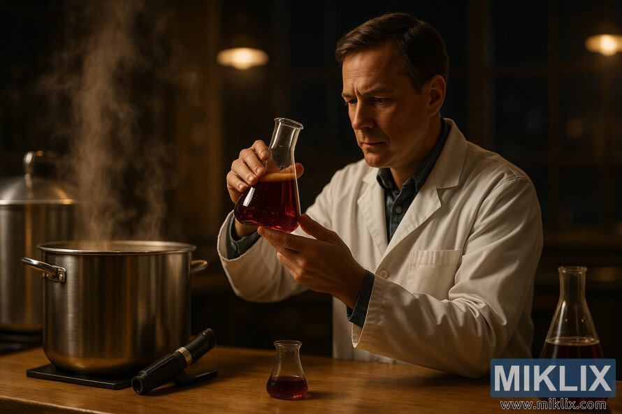 Maestrul berar Ã®n halat alb examineazÄ malÈul de grÃ¢u Midnight Wheat Malt Ã®ntr-un flacon lÃ¢ngÄ cazane Èi unelte de fabricat bere.