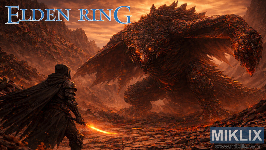 Fan art av Elden Rings Black Knife-lönnmördare som konfronterar Bayle the Dread i Jagged Peak