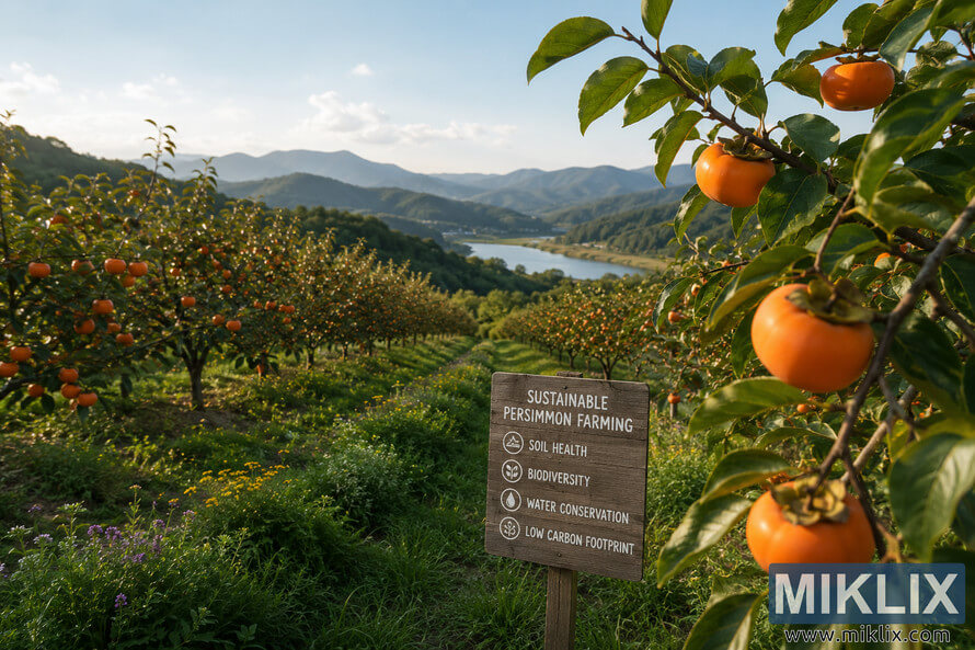 A wide landscape photograph of a sustainable persimmon orchard with vibrant orange fruit, green trees, wildflowers, and a wooden sign highlighting soil health, biodiversity, water conservation, and a low carbon footprint, set against rolling mountains and a peaceful river valley under warm sunlight.