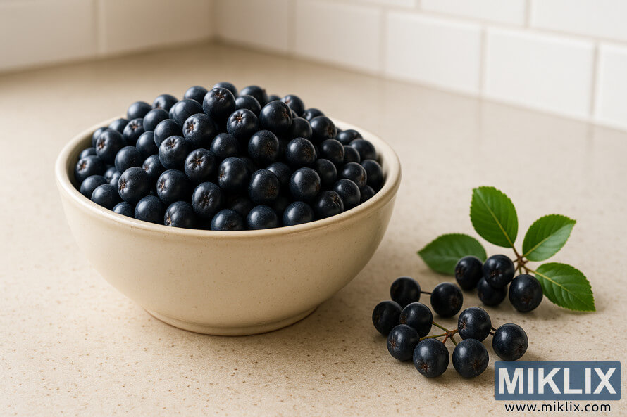 A cream-colored ceramic bowl filled with fresh aronia berries on a beige kitchen countertop with green leaves beside it.