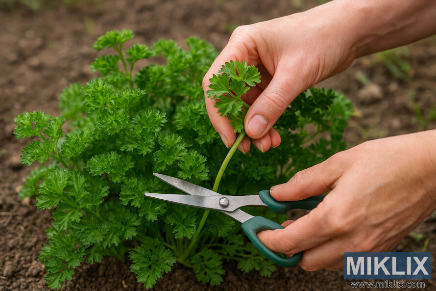 Des mains utilisant des ciseaux pour rÃ©colter des feuilles de persil sur les tiges extÃ©rieures dâune plante de jardin