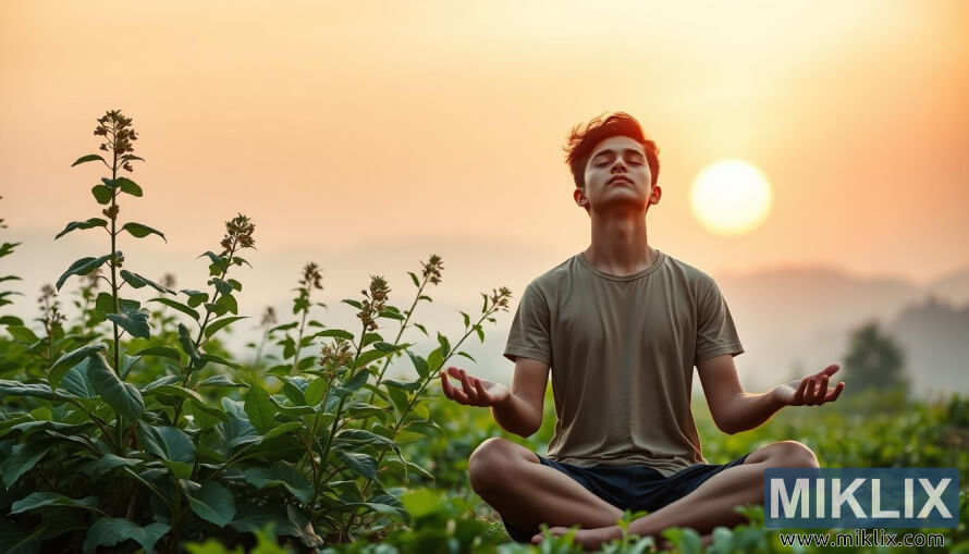 Persona meditando en pose de yoga con plantas de Ashwagandha y una puesta de sol dorada de fondo. Persona meditando en pose de yoga con plantas de Ashwagandha y una puesta de sol dorada de fondo.
