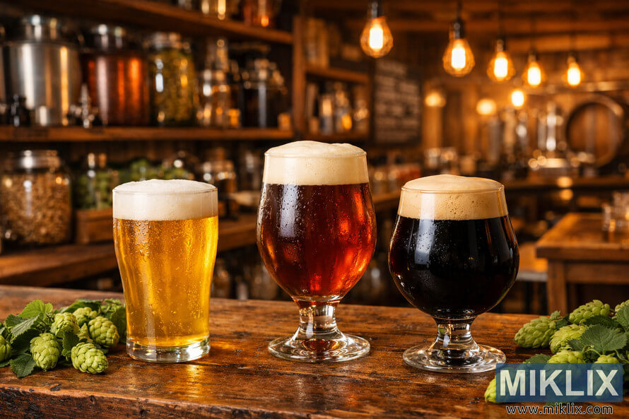 A rustic brewery interior featuring a wooden bar with three glasses of beer—pale ale, amber ale, and dark stout—surrounded by hops and illuminated by warm pendant lights. A rustic brewery interior featuring a wooden bar with three glasses of beer—pale ale, amber ale, and dark stout—surrounded by hops and illuminated by warm pendant lights.