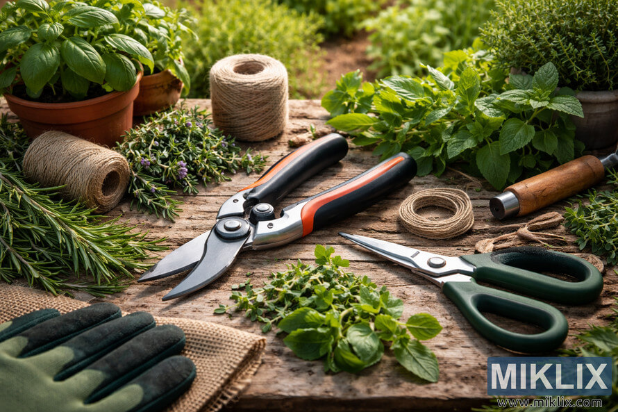 Pruning shears and herb scissors arranged on a rustic wooden garden table surrounded by fresh basil, mint, rosemary, and other herbs.