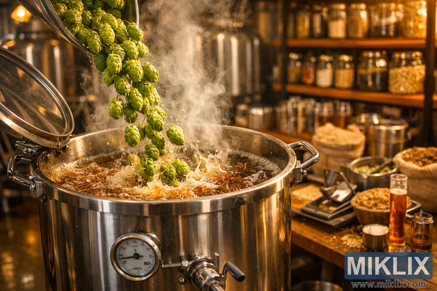 Fresh green hop cones cascading into a stainless steel brew kettle filled with boiling wort inside a warmly lit craft brewery.