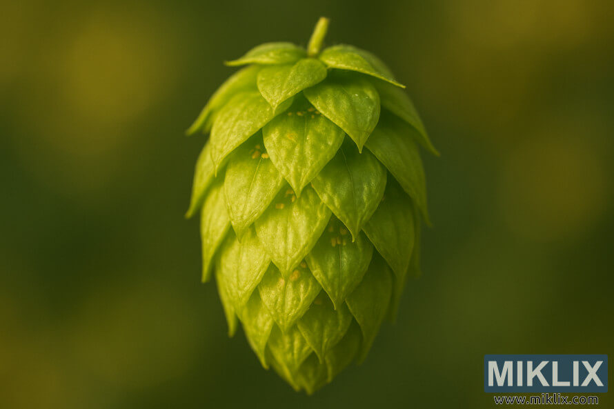 Detailne lÃ¤hivÃµte Banneri humalakÃ¤bist, millel on paberjad rohelised kandelehed ja nÃ¤htavad lupuliininÃ¤Ã¤rmed, mis helendavad sooja pÃ¤ikesevalguse kÃ¤es Ã¤hmasel taustal.