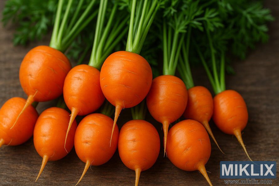 Primer plano de zanahorias redondas del mercado de ParÃ­s reciÃ©n cosechadas con hojas verdes sobre una superficie de madera.