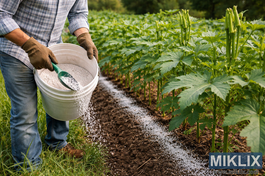 Farmer applying granular fertilizer beside rows of healthy green okra plants in a cultivated field during daylight.