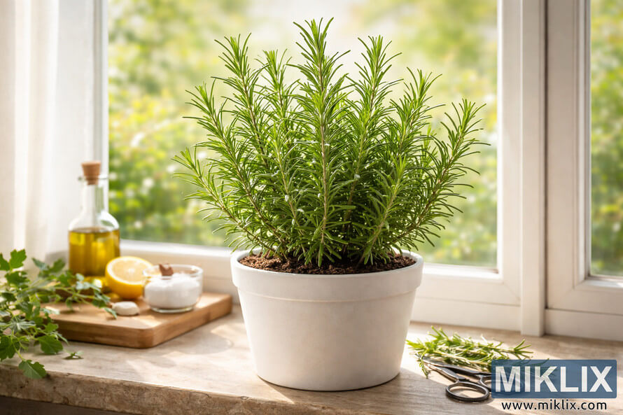 Potted rosemary plant growing indoors in a white container on a sunlit windowsill with herbs and kitchen items nearby