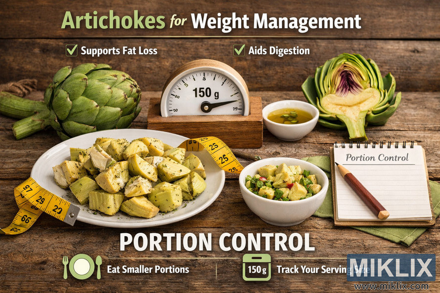 Landscape photo of a rustic wooden table featuring a white plate with a measured portion of cooked artichoke hearts wrapped by a yellow measuring tape, a small bowl of artichoke salad, and whole and halved fresh artichokes. Landscape photo of a rustic wooden table featuring a white plate with a measured portion of cooked artichoke hearts wrapped by a yellow measuring tape, a small bowl of artichoke salad, and whole and halved fresh artichokes.