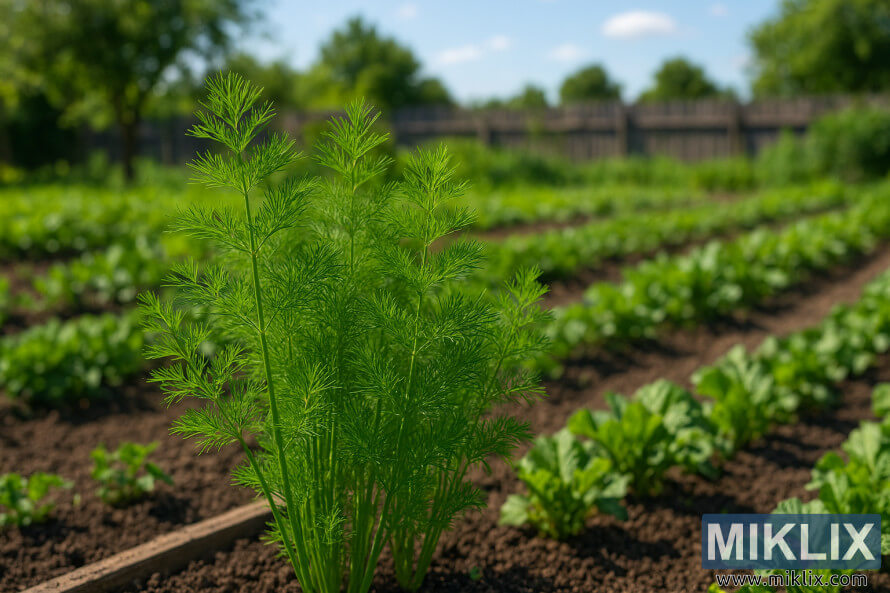 Des aneths Ã  feuilles de fougÃ¨re poussant dans un potager bien entretenu lors dâune journÃ©e dâÃ©tÃ© ensoleillÃ©e