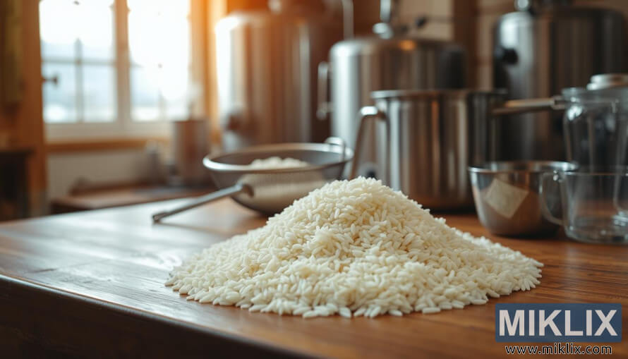 Kwano na shinkafar da ba a dafa ba a kan tebur na katako tare da kayan shayarwa da haske na halitta mai laushi.