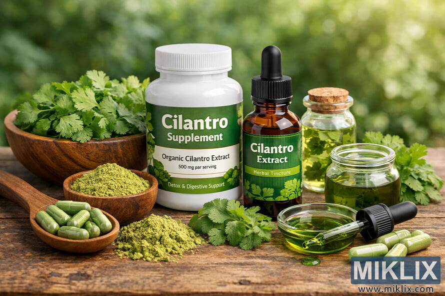 Landscape photo of cilantro-based dietary supplements and herbal extracts arranged on a rustic wooden surface, including a white bottle labeled "Cilantro Supplement," an amber dropper bottle labeled "Cilantro Extract," fresh cilantro leaves in a wooden bowl, green capsules in a wooden spoon, cilantro powder in a small wooden bowl, soft gel capsules, and small glass jars of green liquid, all set against a blurred green garden background. Landscape photo of cilantro-based dietary supplements and herbal extracts arranged on a rustic wooden surface, including a white bottle labeled "Cilantro Supplement," an amber dropper bottle labeled "Cilantro Extract," fresh cilantro leaves in a wooden bowl, green capsules in a wooden spoon, cilantro powder in a small wooden bowl, soft gel capsules, and small glass jars of green liquid, all set against a blurred green garden background.