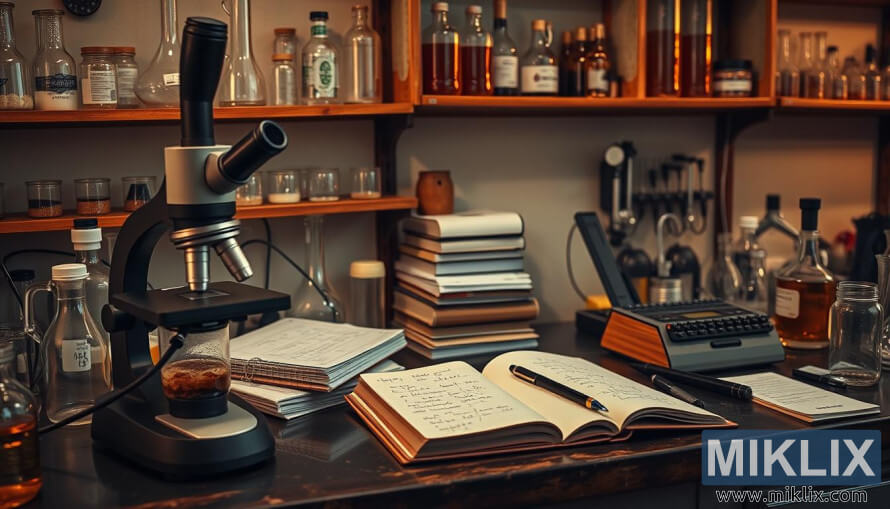 Bangku lab sing rame karo mikroskop, labu gelembung, lan cathetan fermentasi.