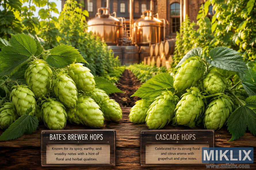 Landscape photo showing a side-by-side comparison of Bate's Brewer and Cascade hop cones displayed on rustic wooden surfaces in a lush sunlit hop garden, with green foliage, a central soil pathway, informational wooden plaques, and a softly blurred traditional brewery featuring polished brewing vessels and wooden barrels in warm golden afternoon light.