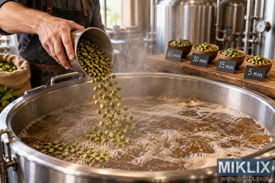 Brewer pours green hop pellets into a stainless-steel kettle of vigorously boiling amber wort, with four bowls of hops labeled 60 min, 30 min, 15 min, and 5 min arranged behind the kettle to illustrate staged hop additions. Brewer pours green hop pellets into a stainless-steel kettle of vigorously boiling amber wort, with four bowls of hops labeled 60 min, 30 min, 15 min, and 5 min arranged behind the kettle to illustrate staged hop additions.