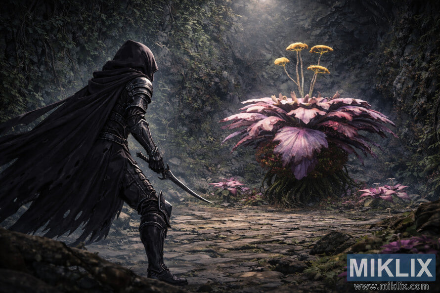 Mandhari pana ya mtindo wa anime ya silaha za kisu cheusi zilizotiwa rangi nyeusi zinazoonekana kutoka nyuma upande wa kushoto, zikimkabili bosi wa Miranda Blossom katika eneo lenye unyevunyevu la Pango la Tombsward kabla tu ya mapigano.