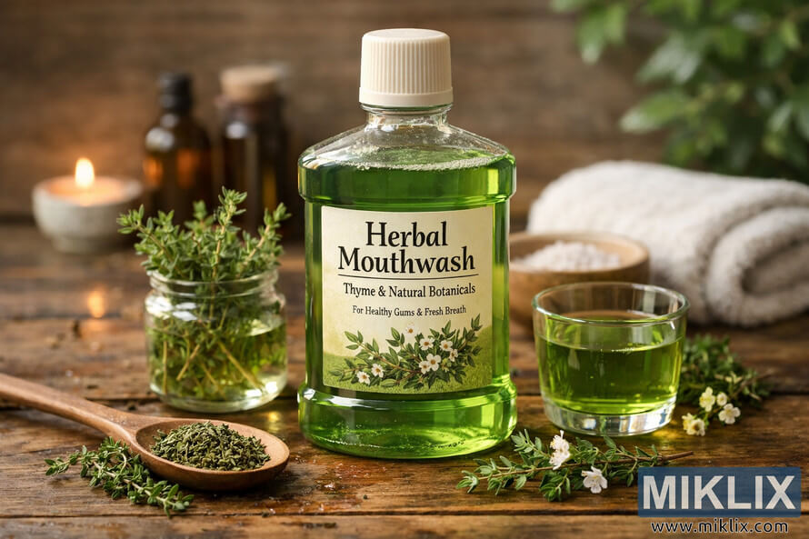 Landscape photo of a green-tinted herbal mouthwash bottle labeled "Herbal Mouthwash" with thyme and natural botanicals, placed on a rustic wooden surface. Fresh thyme sprigs in a glass jar sit to the left, a clear glass cup filled with green mouthwash is on the right, and a wooden spoon with dried thyme and scattered white flowers lies in the foreground. In the softly blurred background, amber glass bottles, a ceramic bowl of coarse sea salt, a rolled white towel, and a lit tealight candle create a spa-like, natural oral care atmosphere. Landscape photo of a green-tinted herbal mouthwash bottle labeled "Herbal Mouthwash" with thyme and natural botanicals, placed on a rustic wooden surface. Fresh thyme sprigs in a glass jar sit to the left, a clear glass cup filled with green mouthwash is on the right, and a wooden spoon with dried thyme and scattered white flowers lies in the foreground. In the softly blurred background, amber glass bottles, a ceramic bowl of coarse sea salt, a rolled white towel, and a lit tealight candle create a spa-like, natural oral care atmosphere.