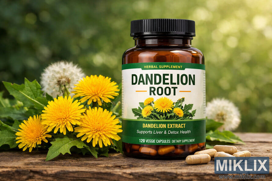 Landscape photo of an amber dandelion root supplement bottle with a green and white label on a rustic wooden surface, surrounded by fresh yellow dandelion flowers, green leaves, beige capsules, and a softly blurred green foliage background with sunlight.