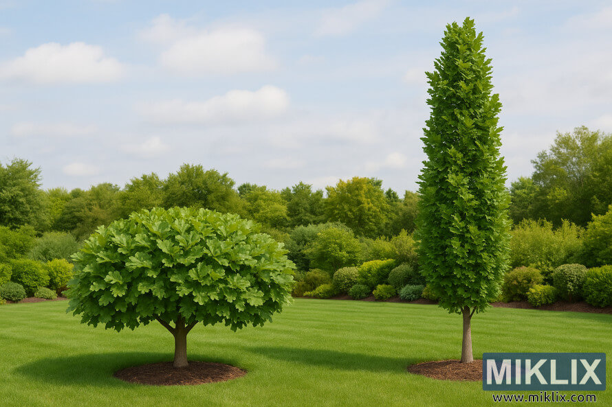 Jardin avec une canopÃ©e arrondie de chÃªne nain Ã  cÃ´tÃ© dâun grand chÃªne colonnaire.