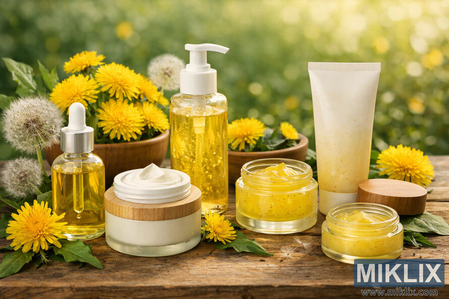 Natural skincare products with dandelion extracts arranged on a wooden surface outdoors, surrounded by yellow flowers and sunlight. Natural skincare products with dandelion extracts arranged on a wooden surface outdoors, surrounded by yellow flowers and sunlight.