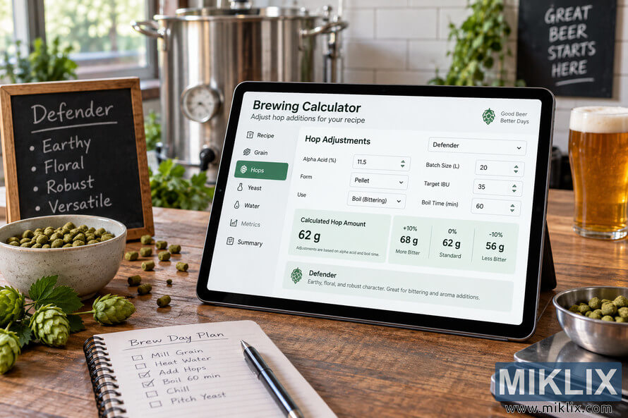 Landscape photo of a craft-brewing workspace with a tablet displaying a brewing calculator for Defender hop adjustments, surrounded by hop pellets, fresh hop cones, a brew-day notebook, digital scale, stainless brewing kettle, and a glass of amber beer. Landscape photo of a craft-brewing workspace with a tablet displaying a brewing calculator for Defender hop adjustments, surrounded by hop pellets, fresh hop cones, a brew-day notebook, digital scale, stainless brewing kettle, and a glass of amber beer.