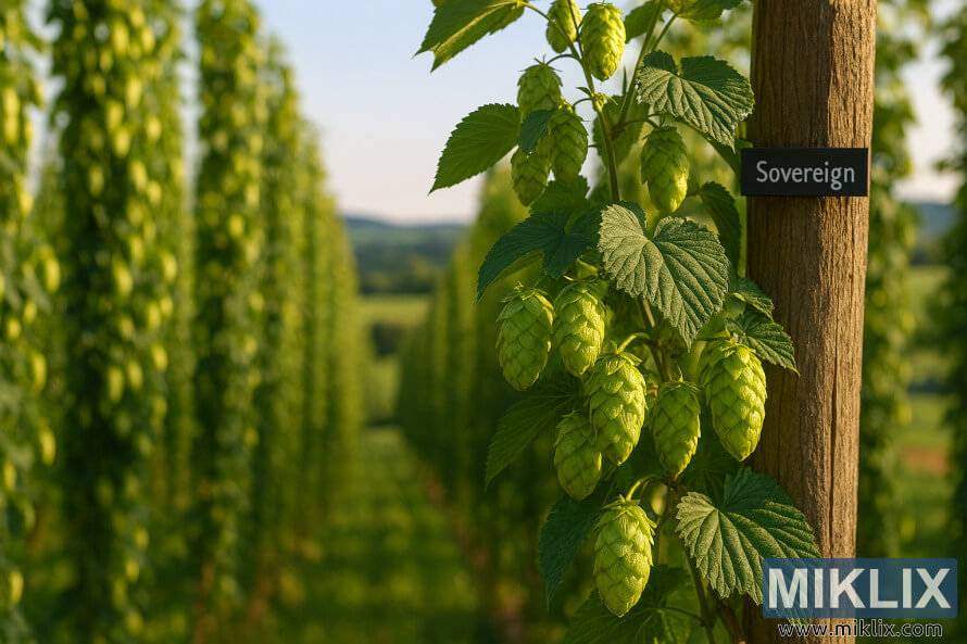 Maalaismaisen säleikön tukemia itsenäisiä humalankäpyjä viiniköynnöksessä kultaisen tunnin pellolla, taustalla kumpuilevia kukkuloita. Maalaismaisen säleikön tukemia itsenäisiä humalankäpyjä viiniköynnöksessä kultaisen tunnin pellolla, taustalla kumpuilevia kukkuloita.
