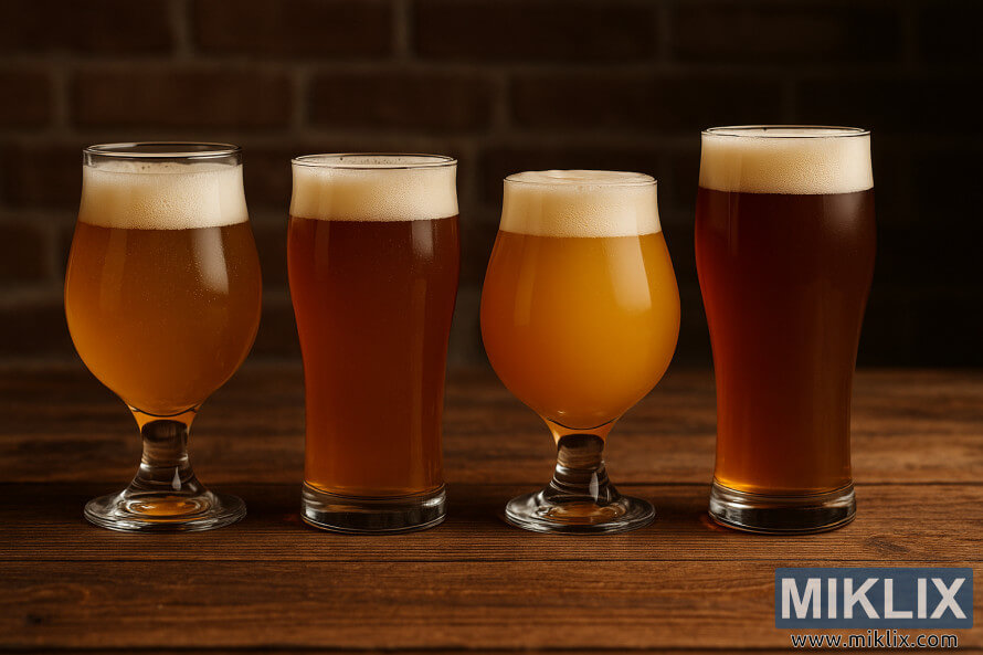 Vier verschiedene IPA-Biere in unterschiedlichen Gläsern, angeordnet auf einem rustikalen Holztisch, von blassem Gold über trübes Orange bis hin zu tiefem Bernstein. Vier verschiedene IPA-Biere in unterschiedlichen Gläsern, angeordnet auf einem rustikalen Holztisch, von blassem Gold über trübes Orange bis hin zu tiefem Bernstein.