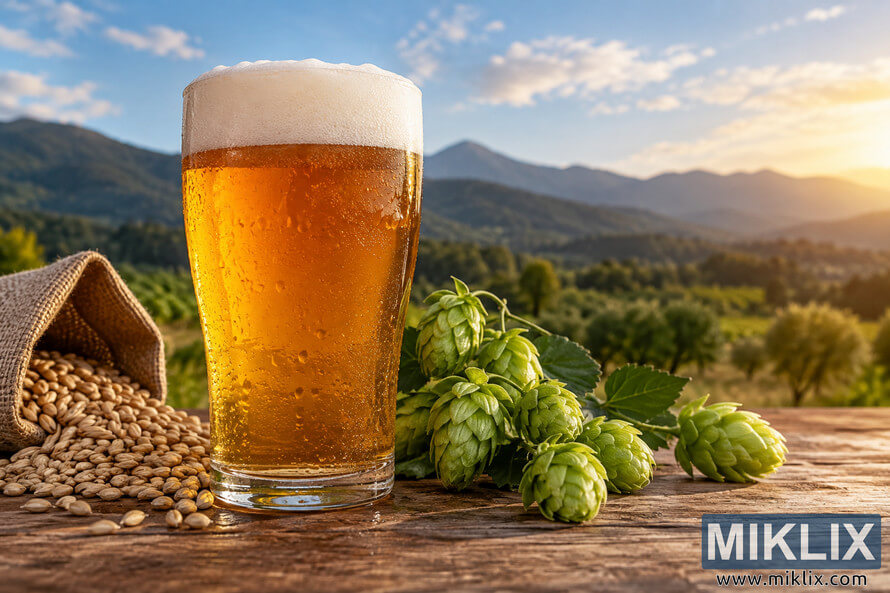 Landscape photograph of a chilled golden American Pale Ale with a foamy head on a rustic wooden table, surrounded by fresh green hop cones and spilled brewing grain, with sunlit mountains and a green countryside in the background. Landscape photograph of a chilled golden American Pale Ale with a foamy head on a rustic wooden table, surrounded by fresh green hop cones and spilled brewing grain, with sunlit mountains and a green countryside in the background.