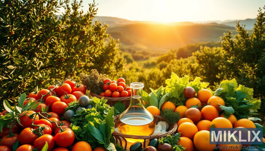 Mediterranean landscape with olive groves, fresh produce, and olive oil on a sunlit table. Mediterranean landscape with olive groves, fresh produce, and olive oil on a sunlit table.