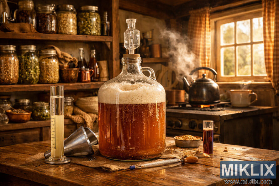 Rustic farmhouse kitchen with a fermenting beer vessel on a wooden table, brewing tools, ingredient jars on shelves, and steam rising from a kettle in warm sunlight.