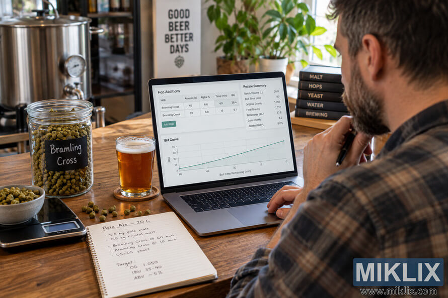 Homebrewer using generic brewing software on a laptop to calculate IBU contributions from Bramling Cross hops, with hop pellets, a scale, recipe notebook, amber beer, and brewing equipment on a wooden table. Homebrewer using generic brewing software on a laptop to calculate IBU contributions from Bramling Cross hops, with hop pellets, a scale, recipe notebook, amber beer, and brewing equipment on a wooden table.