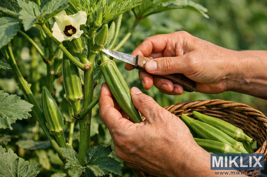 Close-up of hands harvesting green okra pods from a plant with a small knife beside a basket of freshly picked okra.