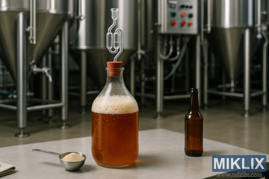 Botol kaca berisi bir kuning dengan krausen dan airlock di samping sendok ragi kering di tempat pembuatan bir modern. Botol kaca berisi bir kuning dengan krausen dan airlock di samping sendok ragi kering di tempat pembuatan bir modern.