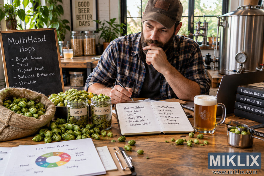 Homebrewer seated at a rustic wooden table developing a beer recipe with fresh green hops, an open notebook, brewing-stage jars, a MultiHead Hops chalkboard, a glass of golden beer, a laptop, and home brewing equipment in the background. Homebrewer seated at a rustic wooden table developing a beer recipe with fresh green hops, an open notebook, brewing-stage jars, a MultiHead Hops chalkboard, a glass of golden beer, a laptop, and home brewing equipment in the background.