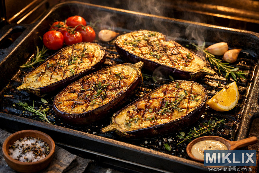 High-resolution photo of halved eggplants roasting on a black grill pan with herbs, garlic, and cherry tomatoes, showing golden-brown caramelization and steam rising inside a warmly lit oven. High-resolution photo of halved eggplants roasting on a black grill pan with herbs, garlic, and cherry tomatoes, showing golden-brown caramelization and steam rising inside a warmly lit oven.
