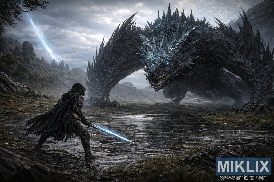 Immagine realistica in stile fantasy dell'armatura Tarnished in Black Knife che brandisce una spada blu brillante mentre affronta un colossale Drago di Pietralucente Smarag nelle nebbiose zone umide di Liurnia dei Laghi.