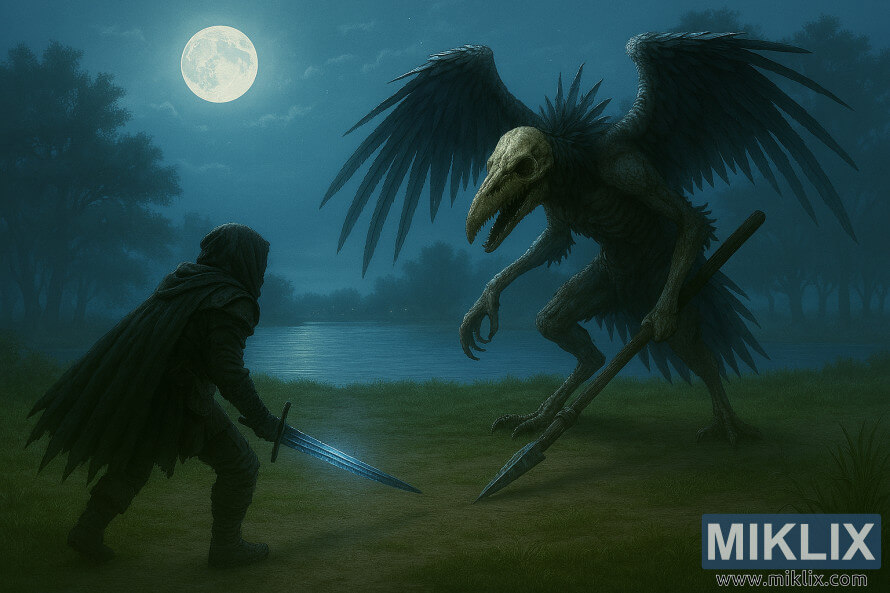 Fan art realistica dell'armatura Tarnished in Black Knife che affronta uno scheletrico Deathbird sotto la luce della luna da un'angolazione elevata Fan art realistica dell'armatura Tarnished in Black Knife che affronta uno scheletrico Deathbird sotto la luce della luna da un'angolazione elevata