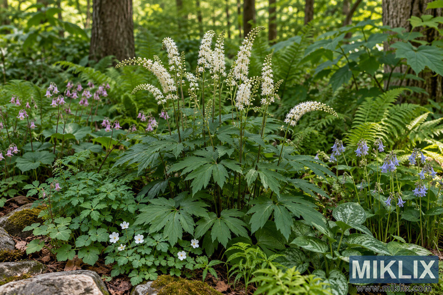 Lush shaded woodland garden with a central white-flowering plant surrounded by ferns, lavender and blue flowers, mossy rocks, and mature trees. Lush shaded woodland garden with a central white-flowering plant surrounded by ferns, lavender and blue flowers, mossy rocks, and mature trees.